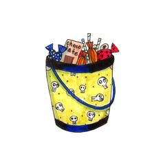 Obraz premium Halloween hand-drawn illustration. Yellow bag with scull pattern full of sweets for halloween! Isolated on white background. Watercolor element for card, invitations and holiday design.