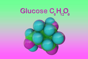 Structural chemical formula and molecular model of glucose or dextrose, a simple sugar circulates in the blood as blood sugar. Scientific background. 3d illustration