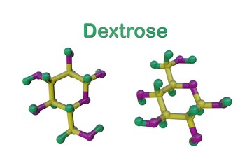 Molecular model of dextrose or glucose, a simple sugar circulates in the blood as blood sugar. Scientific background. 3d illustration