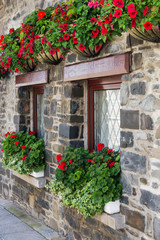 Fototapeta na wymiar Old stone house windows with red flowers