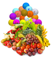 isolated image of stylized vitamins and fruits