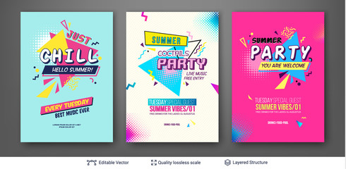Set of summer season ad posters in pop-art style.