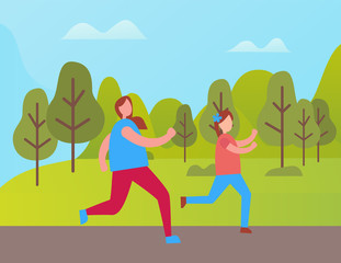 Obraz na płótnie Canvas Mother and daughter jogging in green park vector cartoon characters. Sportive family, joggers running among trees and bushes, active way of life at spring