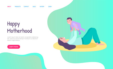 Happy motherhood, side view of woman holding baby, smiling people. Mother playing with child, parent and kid, parenthood and childhood vector. Website or webpage template, landing page flat style