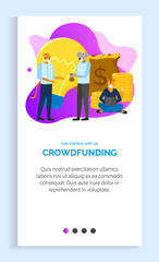 Start your business with crowdfunding vector, hipster animals workers create project raising small amounts of money from people, raccoon. Website or app slider template, landing page flat style