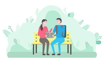 Students reading book in park vector, man and woman preparing for exam. Couple sitting on bench, bookworm male and female relaxing in forest flat style