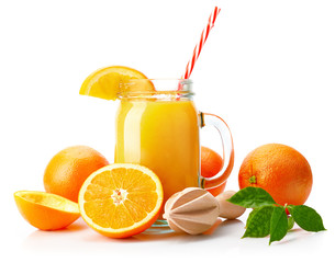 Fresh orange juice with fruit and green leaves in glass can straw wooden juicer stick, isolated on...