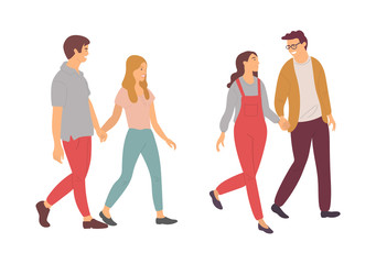 People in love vector, man and woman adults and teenagers on date isolated couples double date. Married male and female holding hands and walking