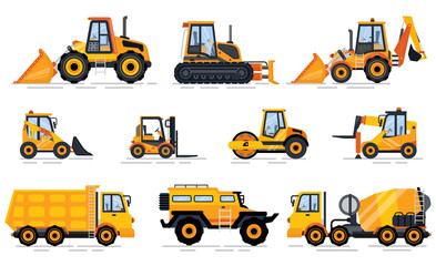 Engineering transport, forklift and tractor, concrete mixing machine, lorry with stairs, off-road car, trucking auto, construction equipment vector