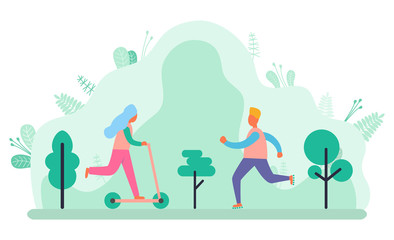 Person riding scooter vector, man and woman in park. Nature with trees and foliage, sportive person in forest, jogging and running workout flat style
