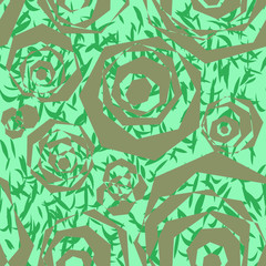 Seamless abstract pattern of polygonal silver elements, similar to stylized roses and green leaves on a light green background.