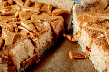 Healthy raw vegan tart with oatmeal base and dried apple stuffing, sprinkled with cinnamon, close up, selective focus
