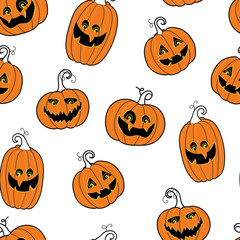 Cute and fun halloween pumpkins seamless pattern, smiling pumpkin faces - great for halloween wallpapers, banners, prints or party invitations.