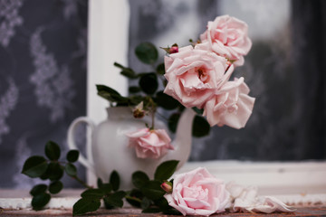 Bush pink roses in a vase