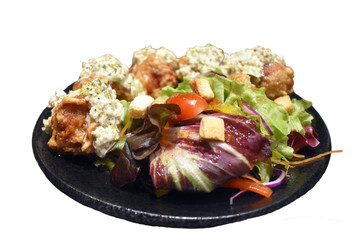 Fried chicken with vegetables salad Japanese food isolated white background