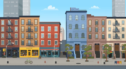City building houses with shops: boutique, cafe, bookstore.Vector illustration in flat style. Background for games and mobile applications. © NADEZHDA
