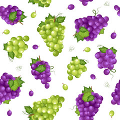 Grape bunch seamless pattern on white background with leaves, Fresh organic food, Dark blue grapes, purple and white grapes pattern background, Colorful fruit vector illustration.