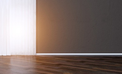 empty interior with dark walls and large window. decorative vase with white branches. brown parquet...