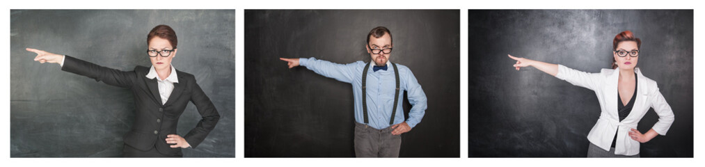Set of Strict teacher people in eyeglasses pointing out on blackboard