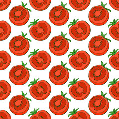 Halves of red tomatoes, seamless pattern. Hand drawn vector illustration.