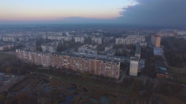 approaching to the soviet town at sunset