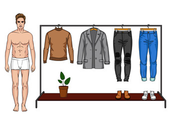 Color vector illustration of a male modern wardrobe for the autumn season. A man stands next to a closet with clothes. Two urban outfits for a male wardrobe. Male doll with clothes and wardrobe