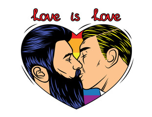 Colorful vector  print design with kissing homosexual couple. A man is kissing his partner inside a frame in the shape of a heart. Rainbow background with text love is love