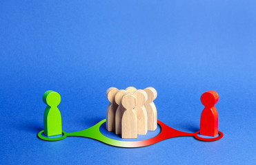 red and green figures of people influence the crowd. Pressure, influence on public opinion,...