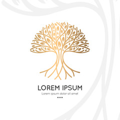 Fototapeta na wymiar Abstract golden tree logo on a white background. Modern illustration. Isolated vector. Great for emblem, monogram, invitation, flyer, menu, brochure or any desired idea.