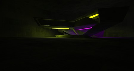 Abstract architectural concrete interior of a minimalist house with color gradient neon lighting. 3D illustration and rendering.