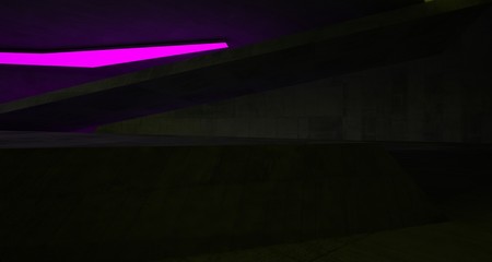 Abstract architectural concrete interior of a minimalist house with color gradient neon lighting. 3D illustration and rendering.