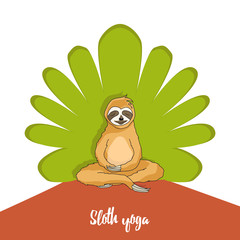 Adorable sloth sitting in yoga pose on green tree background. Tropical pattern for textile prints, a poster, cute stationery, a print for caps and t-shirts. Eps 8 Vector Illustration