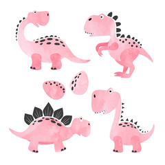 Set of pink funny cartoon dinosaurs for kids. Vector illustration.