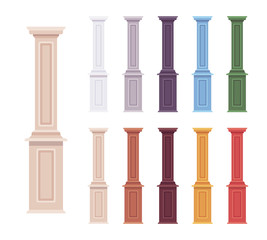 Column baluster decorative set. Porch, classical accent to home and garden decor, balcony european motif. Vector flat style cartoon illustration isolated on white background, different vivid colors