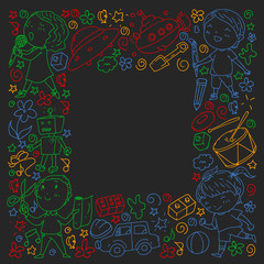Painted by hand style seamless pattern on the theme of childhood. Vector illustration for children design. Drawing with colored chalk on a school blackboard.