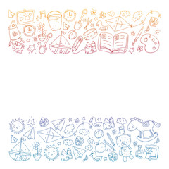 Kindergarten with toys. Pattern for children. Little preschool kids education. Drawing, learning, play