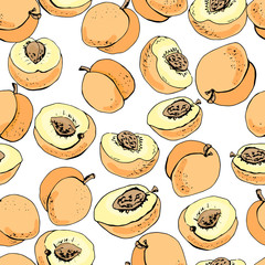 Peaches and halves peaches, seamless pattern. Vector illustration, hand drawn.