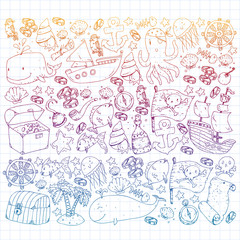 Ocean and sea for children. Pattern for boys. Pirate party. Cute fishes, animals, treasures. Kids vacation pattern, beach toys and elements.