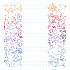 Ocean and sea for children. Pattern for boys. Pirate party. Cute fishes, animals, treasures. Kids vacation pattern, beach toys and elements.