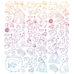 Pet shop. Vector illustration with animals, dog, cat, fish, Colorful background with kitten, bird, puppy. Veterinarian clinic.