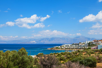 Fototapeta na wymiar Panoramic view of the town Elounda, Crete, Greece.Paradice view of Crete island with blue water. Panoramic view of Elounda nature.