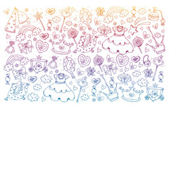 Princess birthday party for little girls. Kindergarten, school children picture. Illustration for children with castle, fairy, dress, crown.