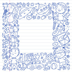 Painted by hand style pattern on the theme of childhood. Vector illustration for children design. Drawing on exercise notebook.