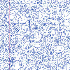 Painted by hand style pattern on the theme of childhood. Vector illustration for children design. Drawing on exercise notebook.