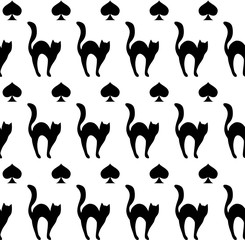 Black cats and card suit spades silhouettes, seamless pattern. Vector background, Halloween, flat design.