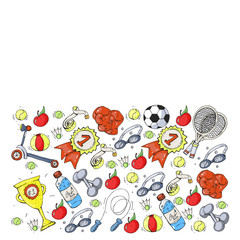 Vector pattern with sport elements. Fitness, games, exercises. Doodle icons in kids drawing style