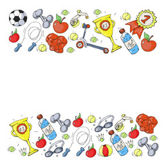 Vector pattern with sport elements. Fitness, games, exercises. Doodle icons in kids drawing style