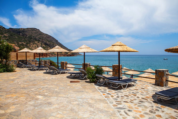 Elounda village, Plaka beach. Crete, Greece.