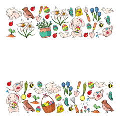 Vector pattern with Easter and spring elements. Eggs in basket, bunny, flowers, birds