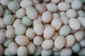 Fresh dirty duck eggs from farm for wholesale at egg market,top view pattern background